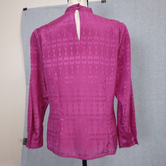 Pierre Cardin | Vtg 80’s Fuchsia High Neck Pleated Top Blouse | Size L - Picture 9 of 12